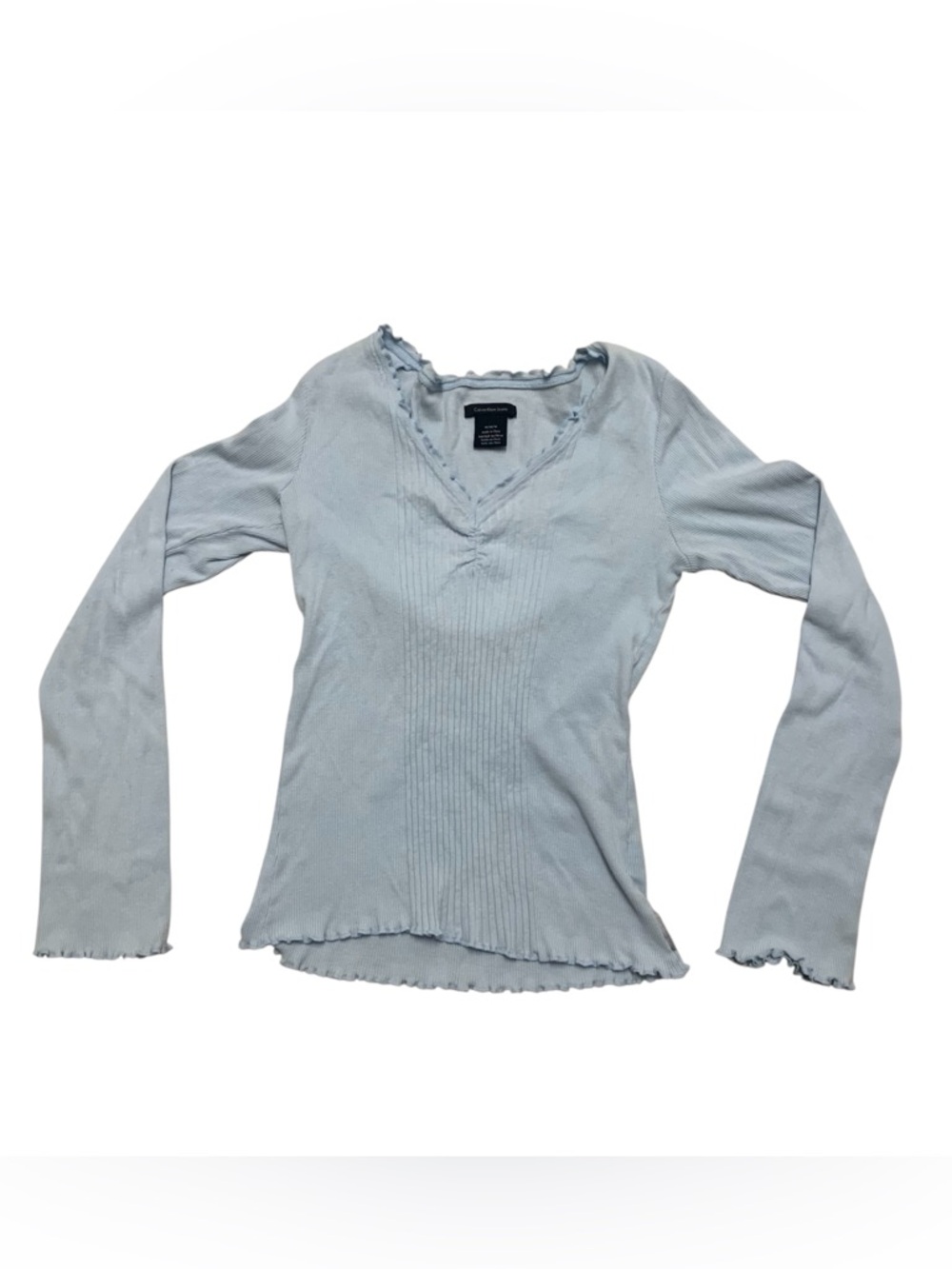 Calvin Klein Long Sleeve Top Light Sky Blue Ribbed V-Neck Fitted Women’s M